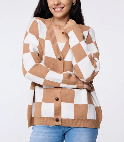 Checkerboard Knit Cardigan Button Down Cozy Sweater