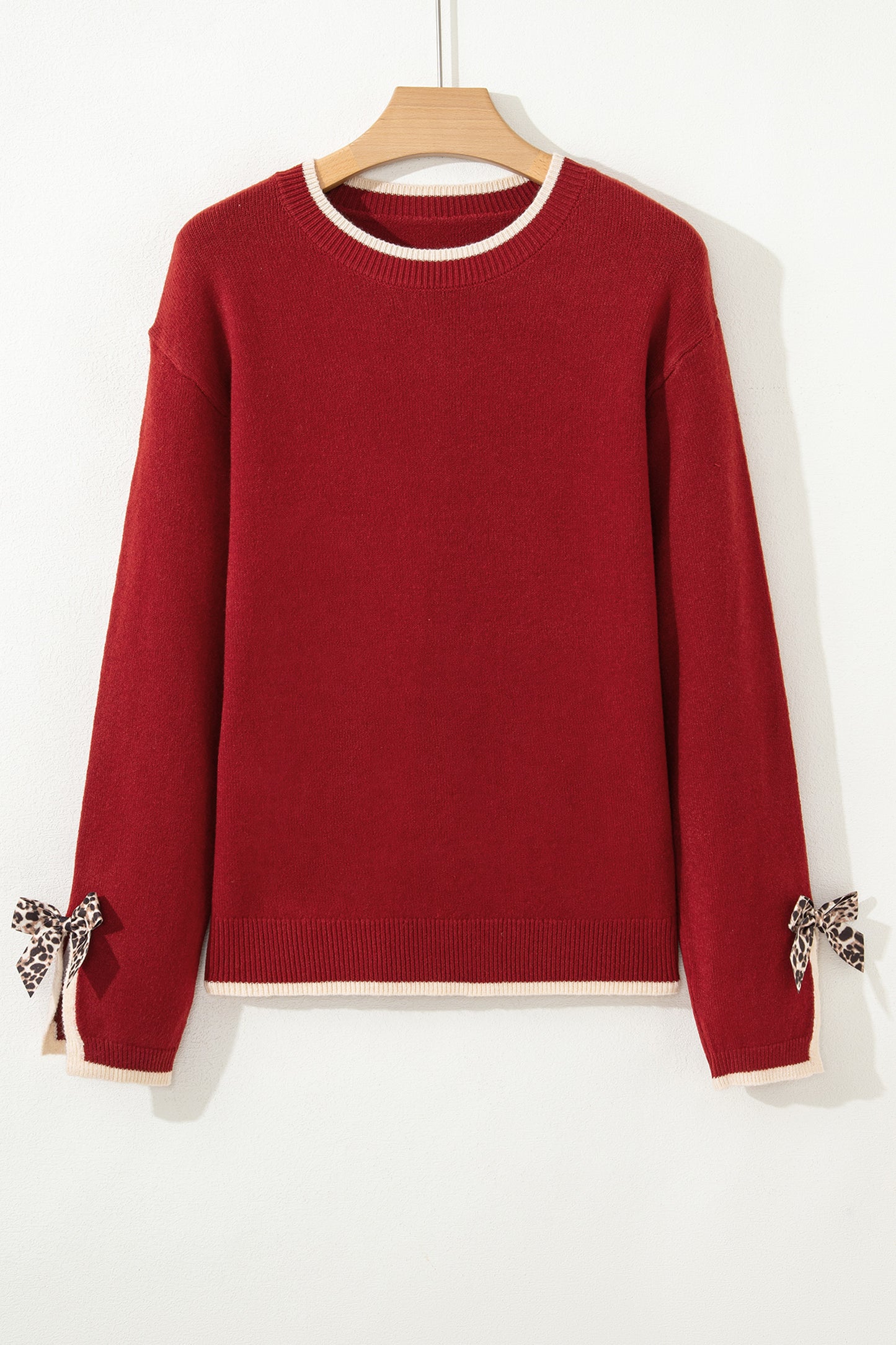 Leopard Bow Split Cuff Contrast Knit Sweater for Women