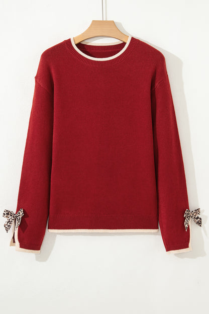Leopard Bow Split Cuff Contrast Knit Sweater for Women