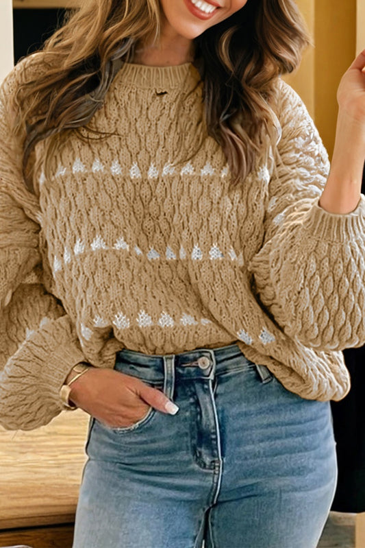 Khaki Textured Knit Sweater Puff Sleeve Loose Fit Pullover