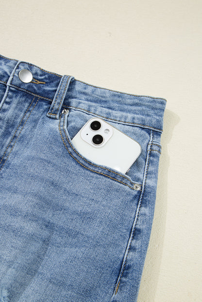 Distressed High Waist Asymmetrical Denim Midi Skirt
