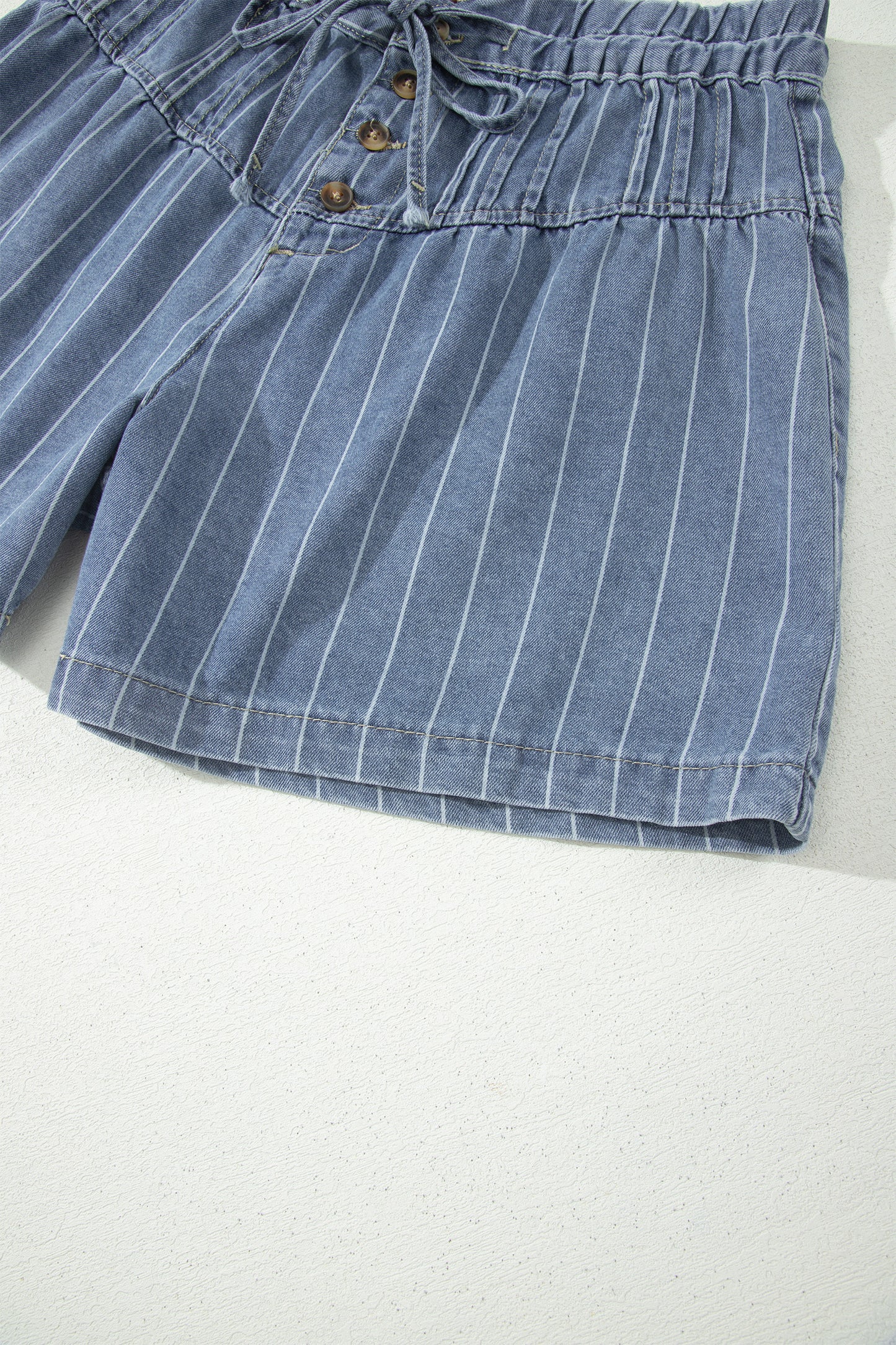Sky Blue Stripe High Waist Button Denim Shorts Drawstring