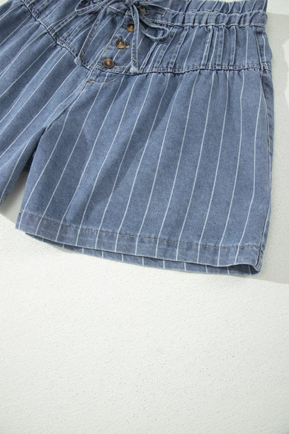 Sky Blue Stripe High Waist Button Denim Shorts Drawstring