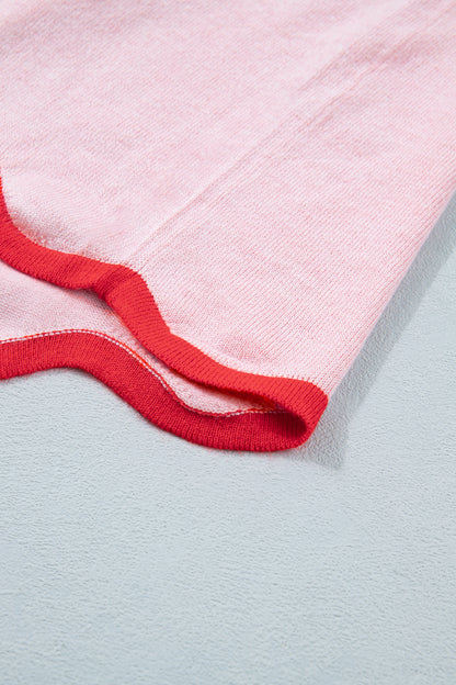Pink Contrast Scallop Trim Mock Neck Sweater Tee