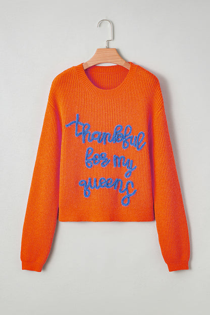 Orange Thankful for My Queens Ribbed Knit Sweater