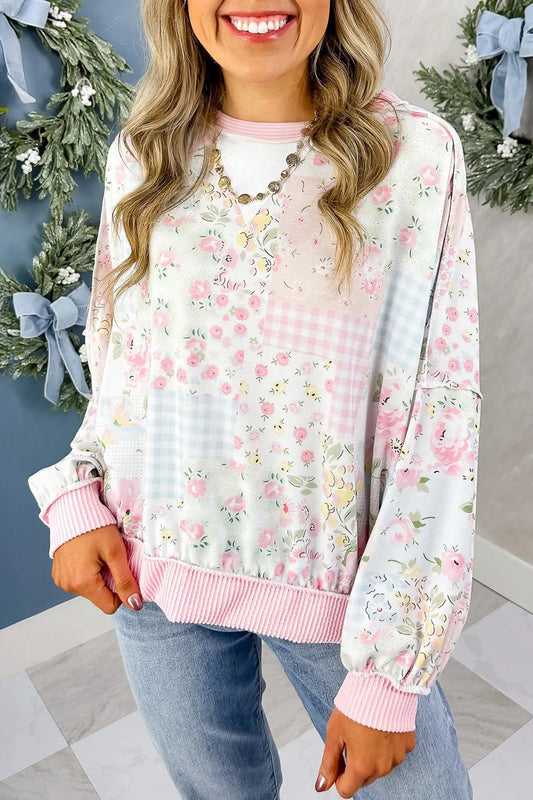 Floral Patchwork Gingham Ribbed Trim Long Sleeve Top