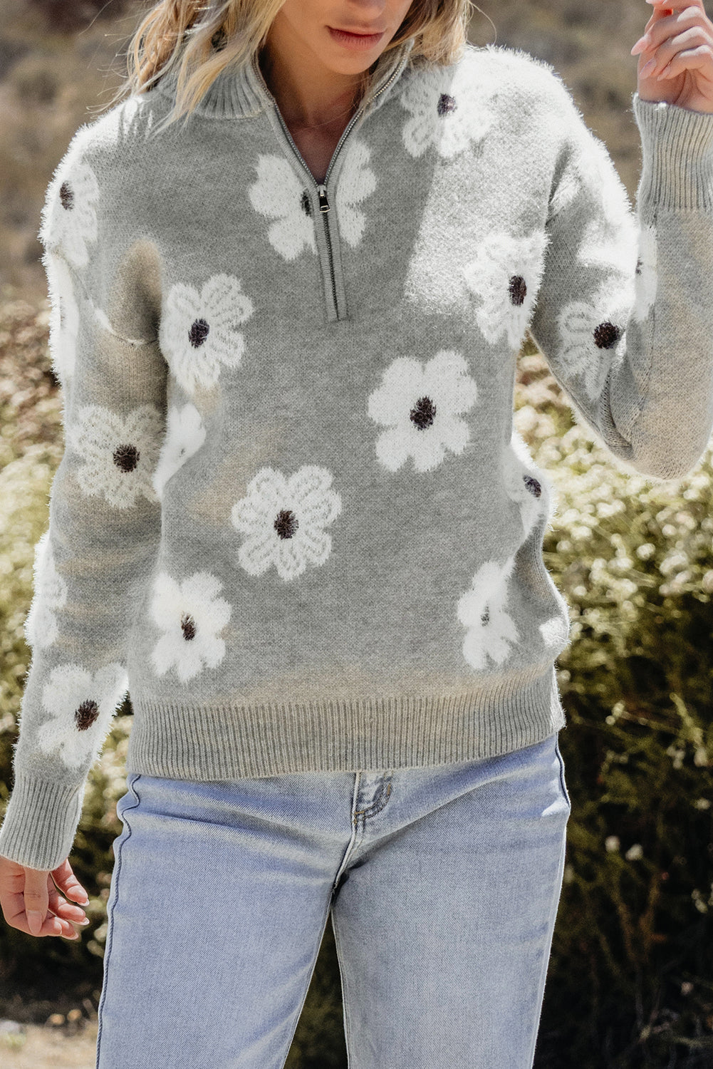 Pink Floral Pattern Half Zip Drop Shoulder Sweater