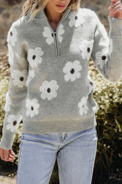 Pink Floral Pattern Half Zip Drop Shoulder Sweater