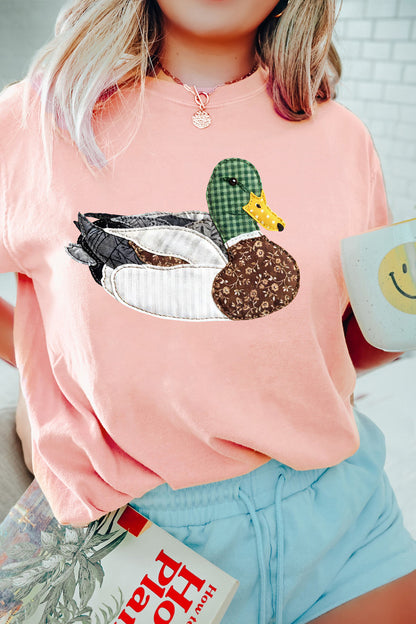 Pink Patchwork Duck Graphic Casual Crewneck Tee