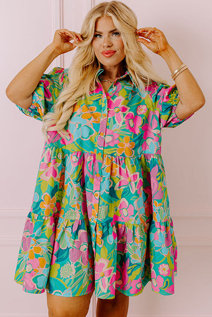 Green Plus Floral Print Puff Sleeve Tiered Shirt Dress