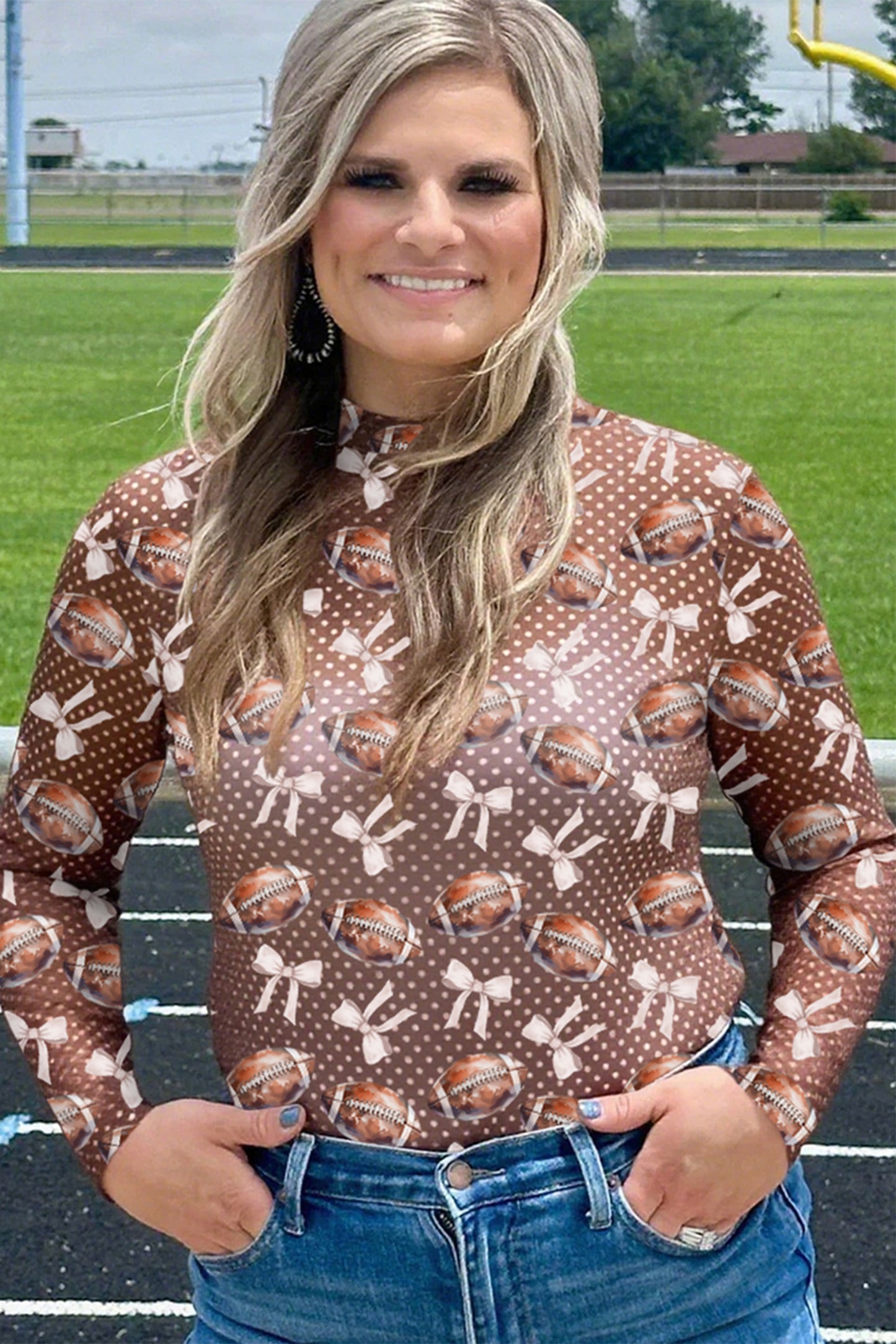 Brown Game Day Football Bow Polka Dot Mesh Long Sleeve Top