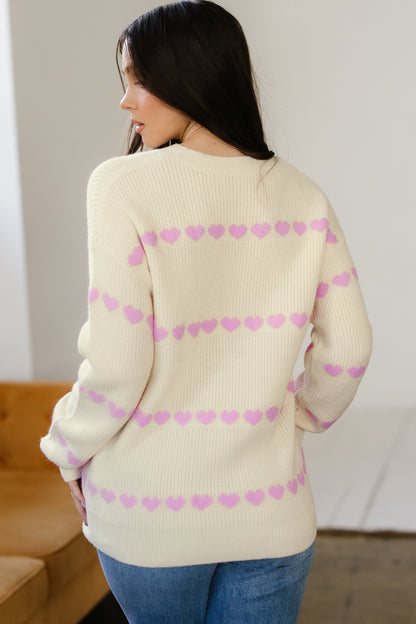 Cream Ribbed Knit Sweater with Pink Heart Pattern Valentine Top