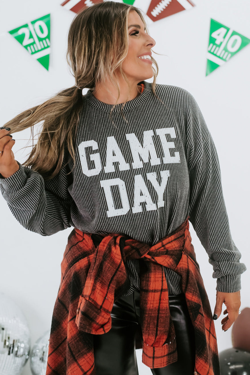 Dark Grey Corded Game Day Graphic Long Sleeve Top