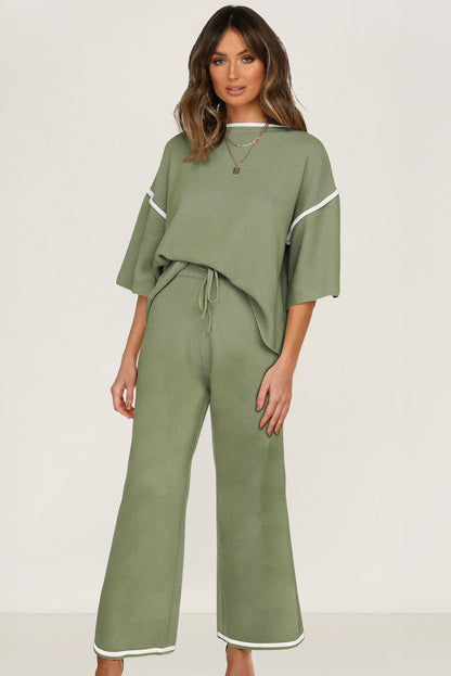 Women’s Knit Lounge Set Contrast Trim Top and Pants