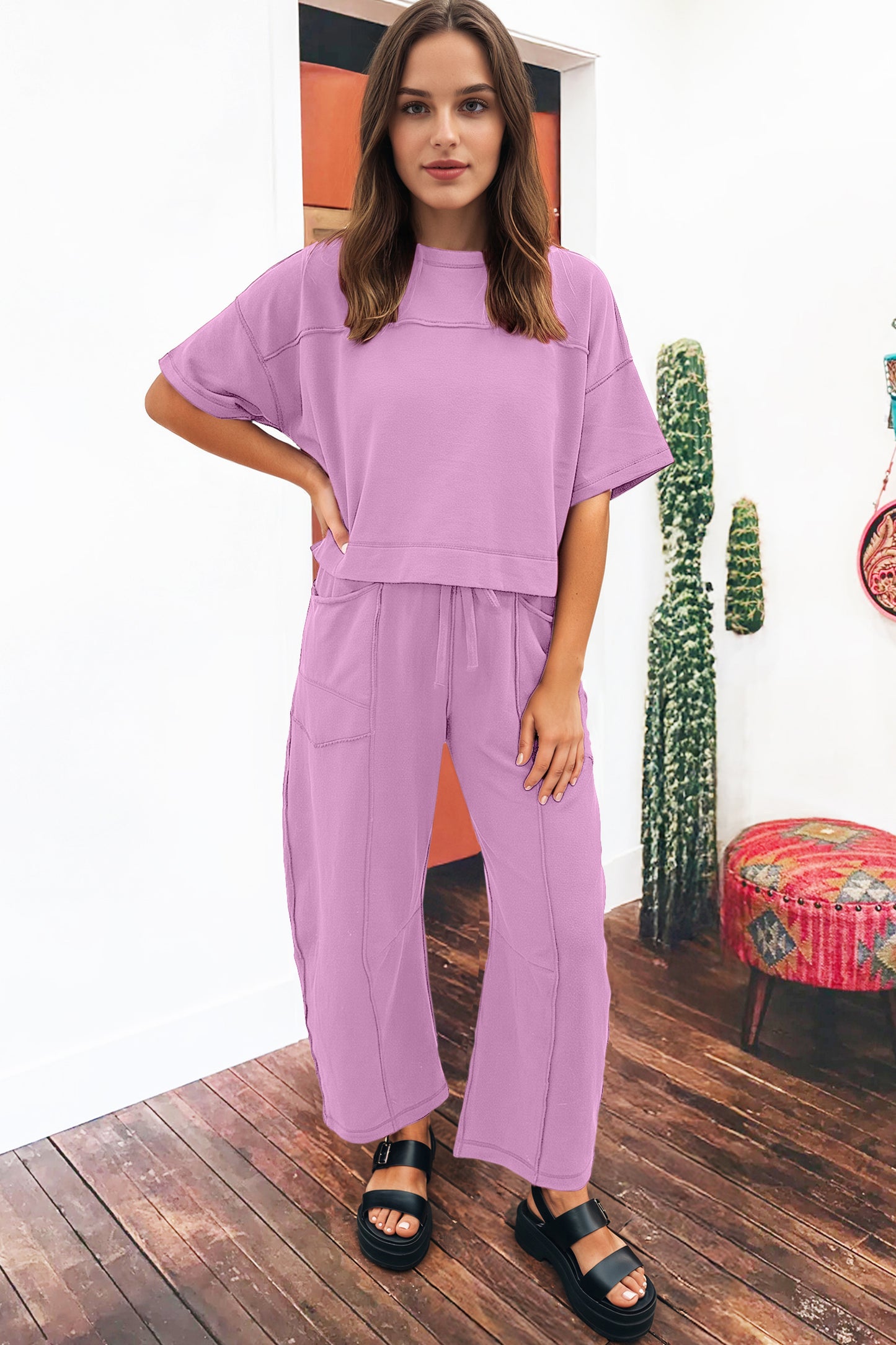 Boxy Tee and Wide Leg Pants Lounge Set Casual Outfit