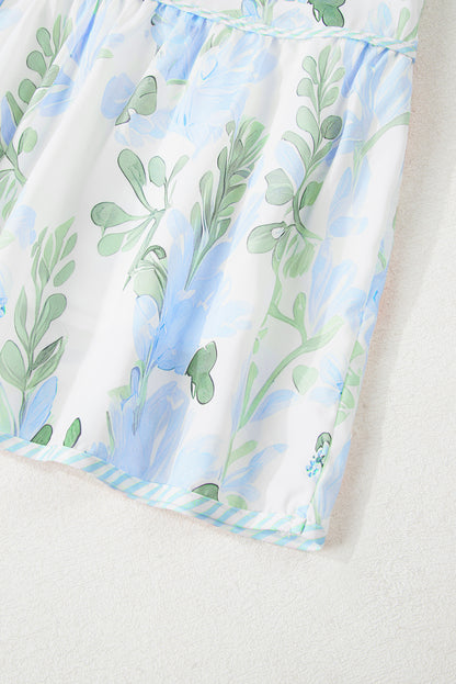 Sky Blue Floral Ruffle Sleeve Tie Neck Mini Dress