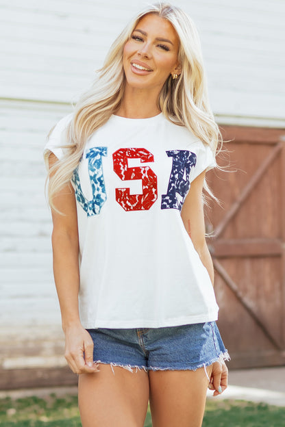 USA Lace Letter Dolman Tee Flag Day July 4th Top