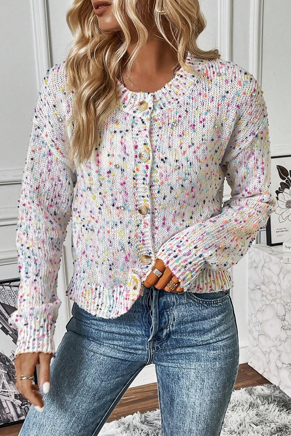 Apricot Rhinestone Decor Multicolor Confetti Sweater Cardigan