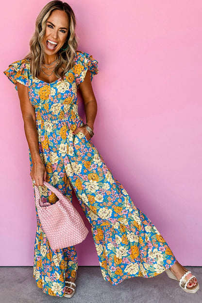 Floral Wide Leg Jumpsuit Cutout High Waist Boho Style