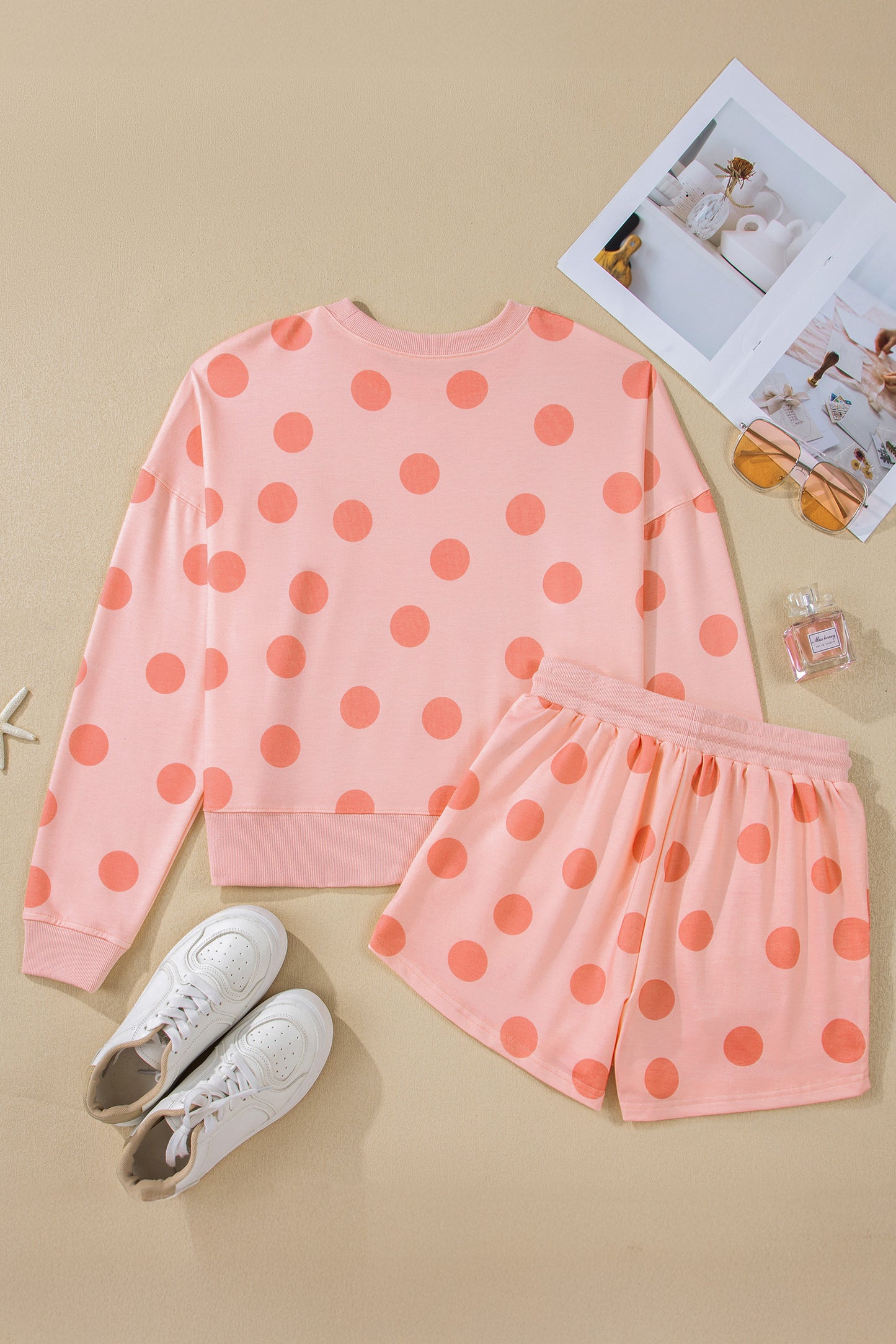 Pink Polka Dot Drop Shoulder Pullover Shorts Set