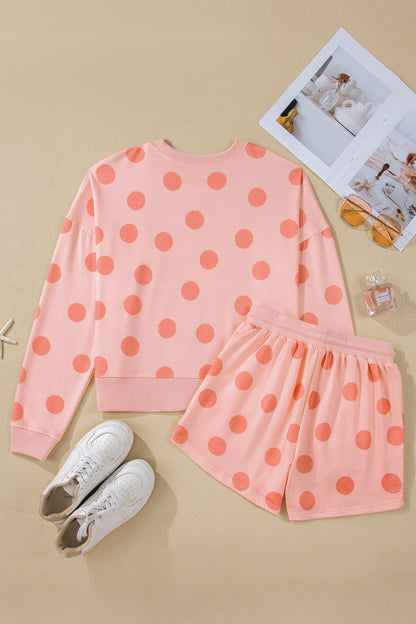 Pink Polka Dot Drop Shoulder Pullover Shorts Set