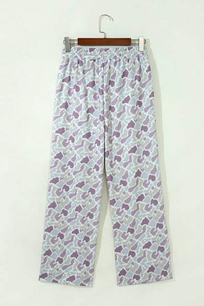 Pastel Camo Print Drawstring Wide Leg Pants