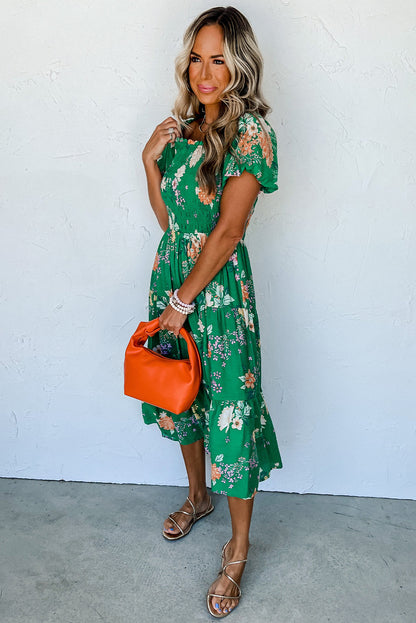 Green Floral Ruffle Sleeve Maxi Dress Summer Boho