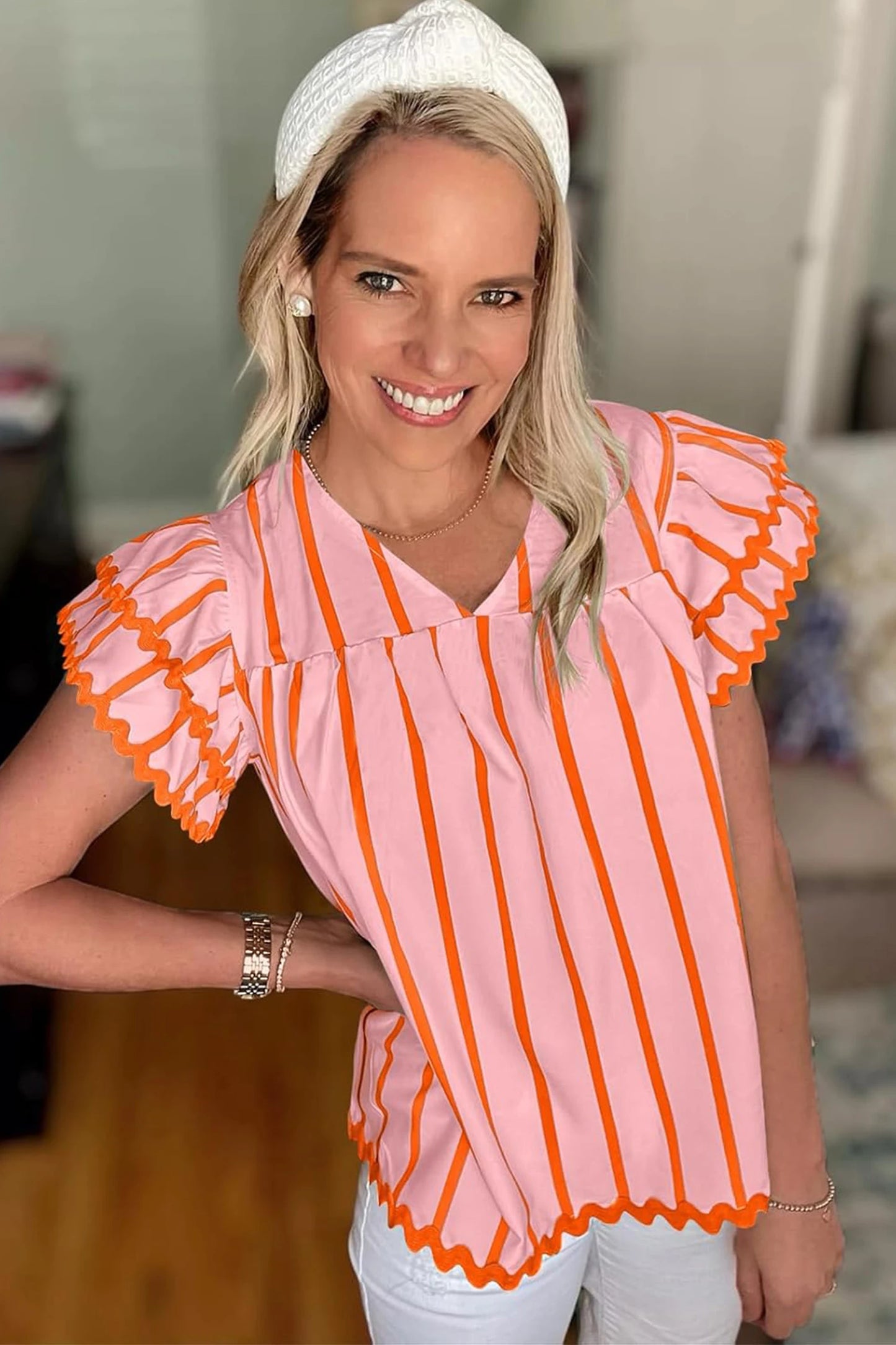 Striped V Neck Flutter Sleeve Blouse Casual Loose Top
