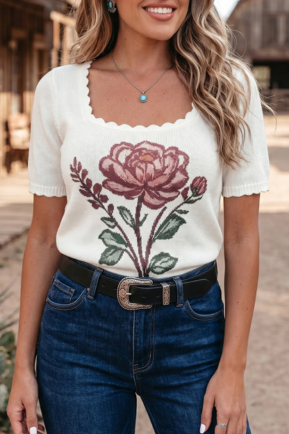 Western Floral Knit Top Square Neck Short Sleeve Sweater
