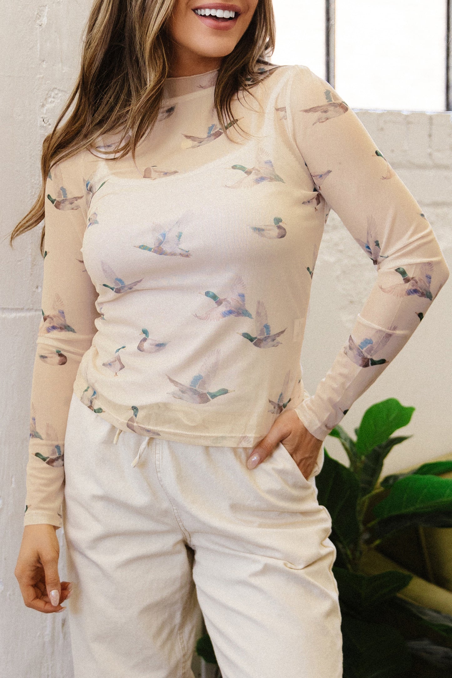 Western Duck Print Mesh Mock Neck Top for Women