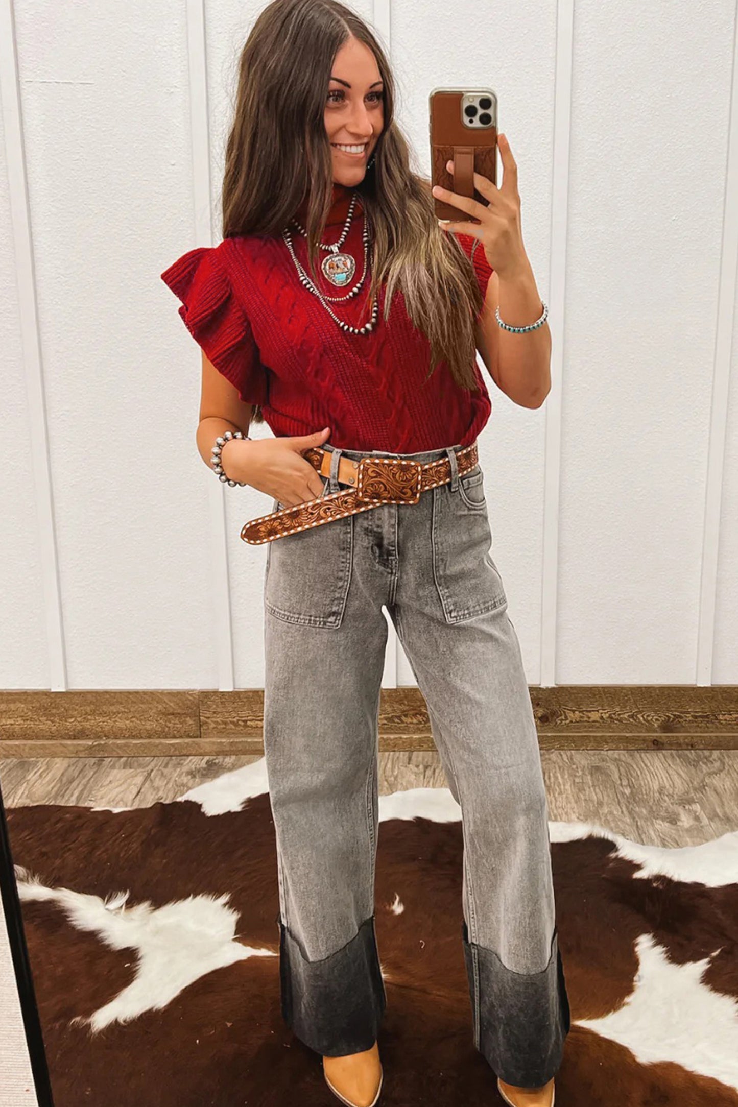 Western Cable Knit Turtleneck Ruffle Sleeve Sweater Top