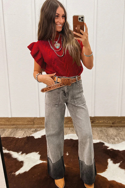 Western Cable Knit Turtleneck Ruffle Sleeve Sweater Top