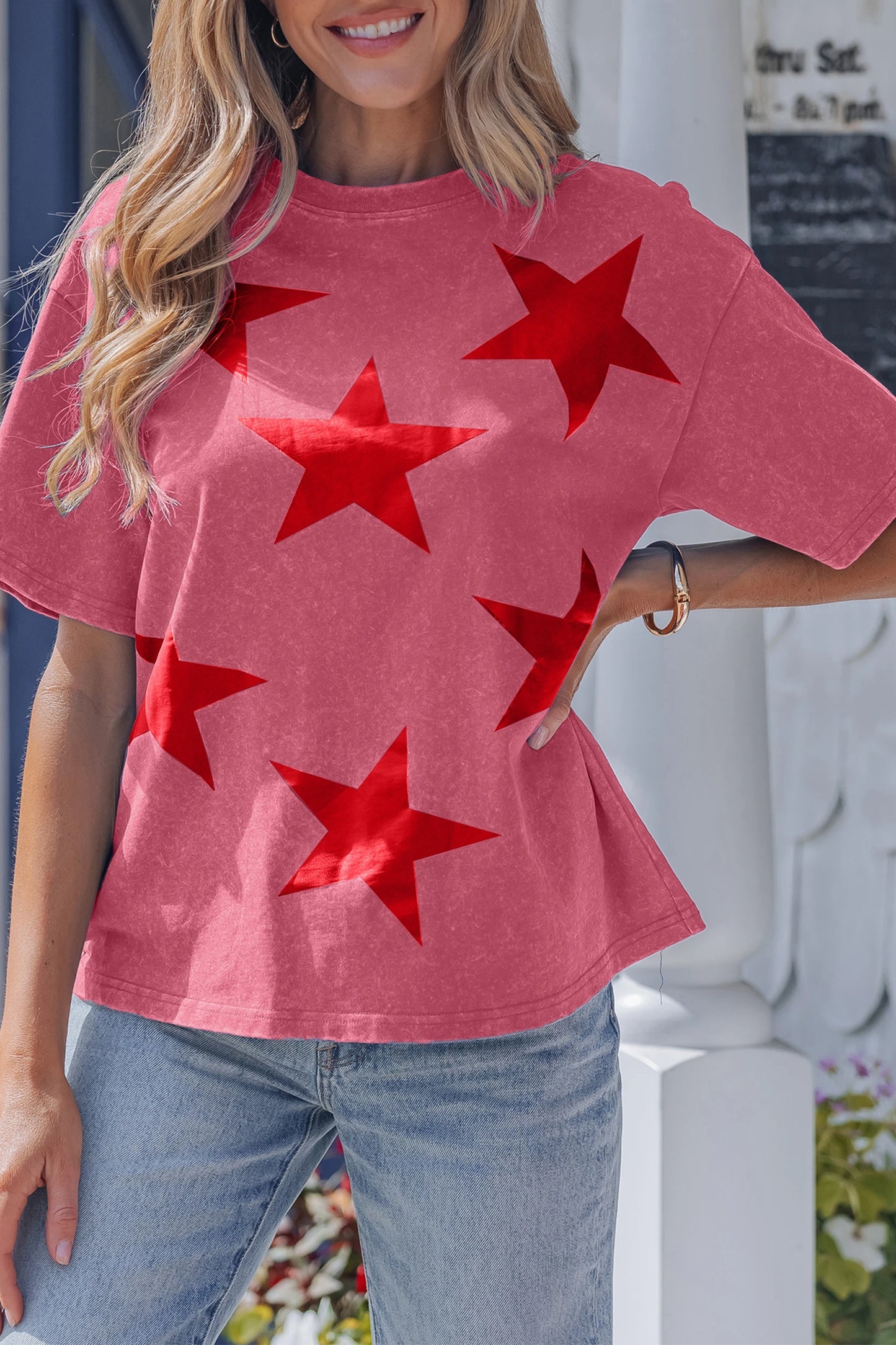 Blue Star Print Mineral Wash Flag Day Independence Tee