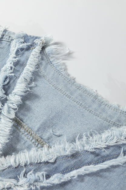 Light Wash Frayed Edge Flap Pocket Button Down Denim Vest