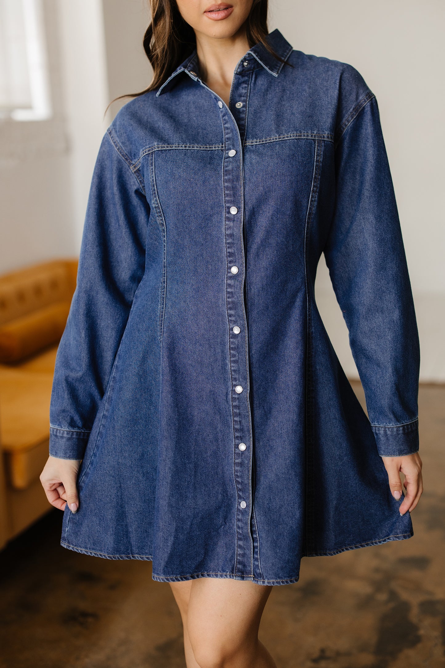 Ashleigh Blue Denim Shirt Collar Long Sleeve Flared Dress