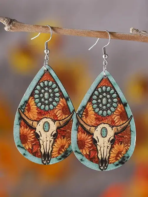 Chestnut Western Steer Head Wooden Drop Earrings