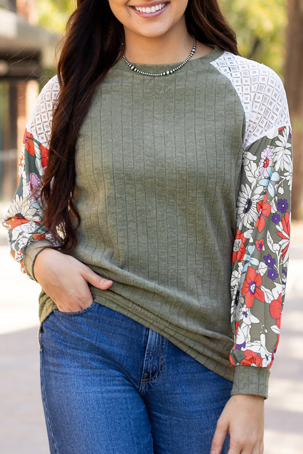 Parchment Floral Patchwork Long Sleeve Ribbed Blouse