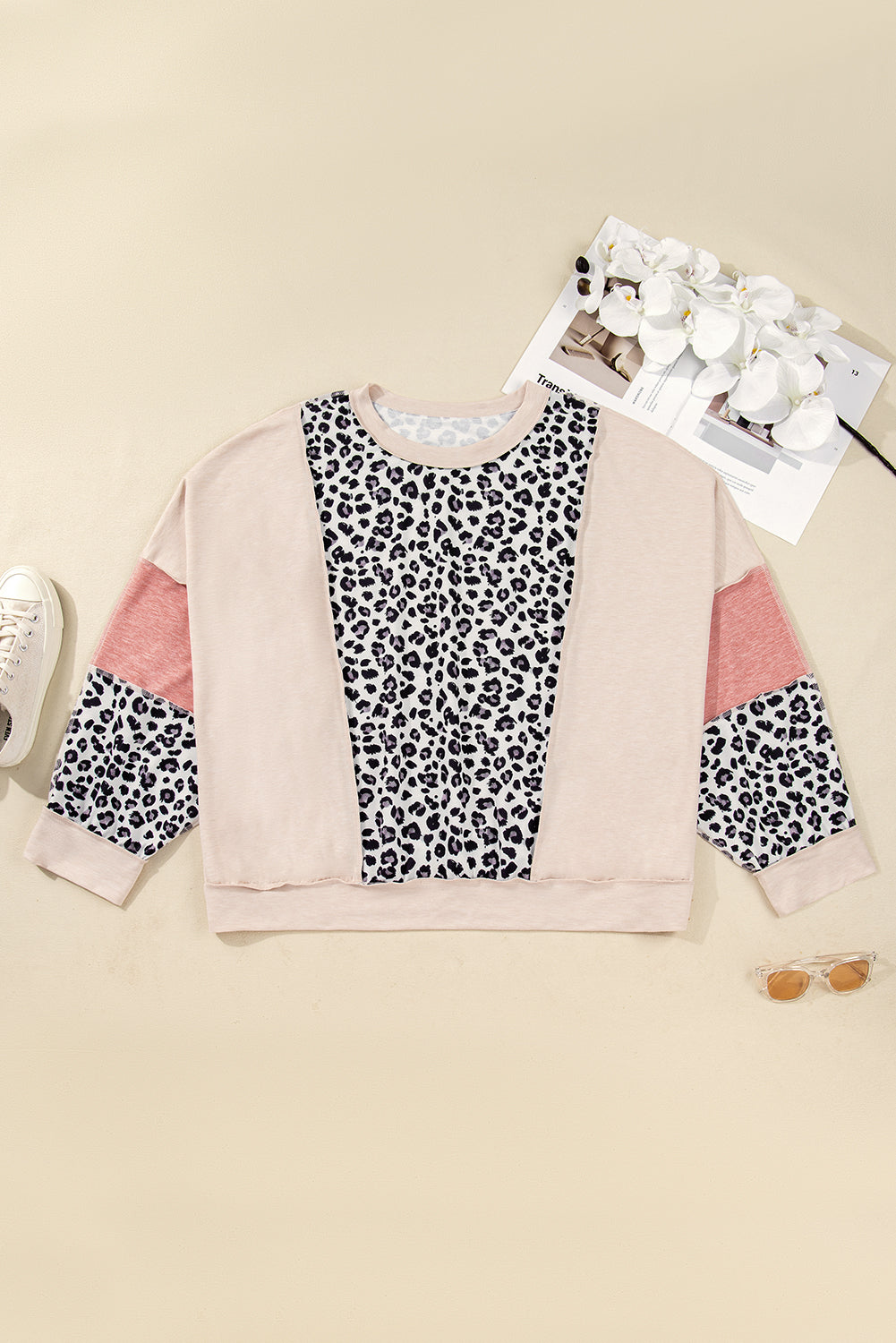 Gray Leopard Color Block Patchwork Reverse Stitch Plus Size Baggy Pullover