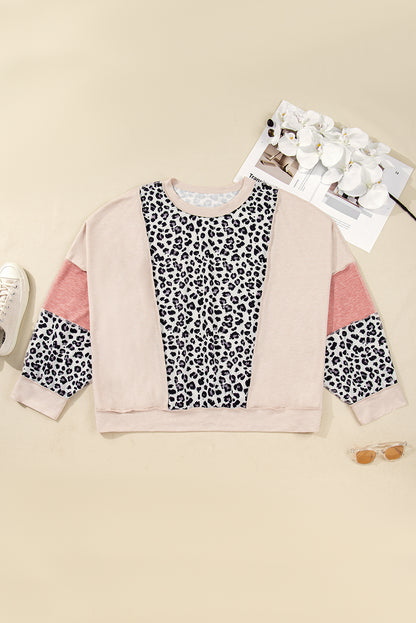 Gray Leopard Color Block Patchwork Reverse Stitch Plus Size Baggy Pullover