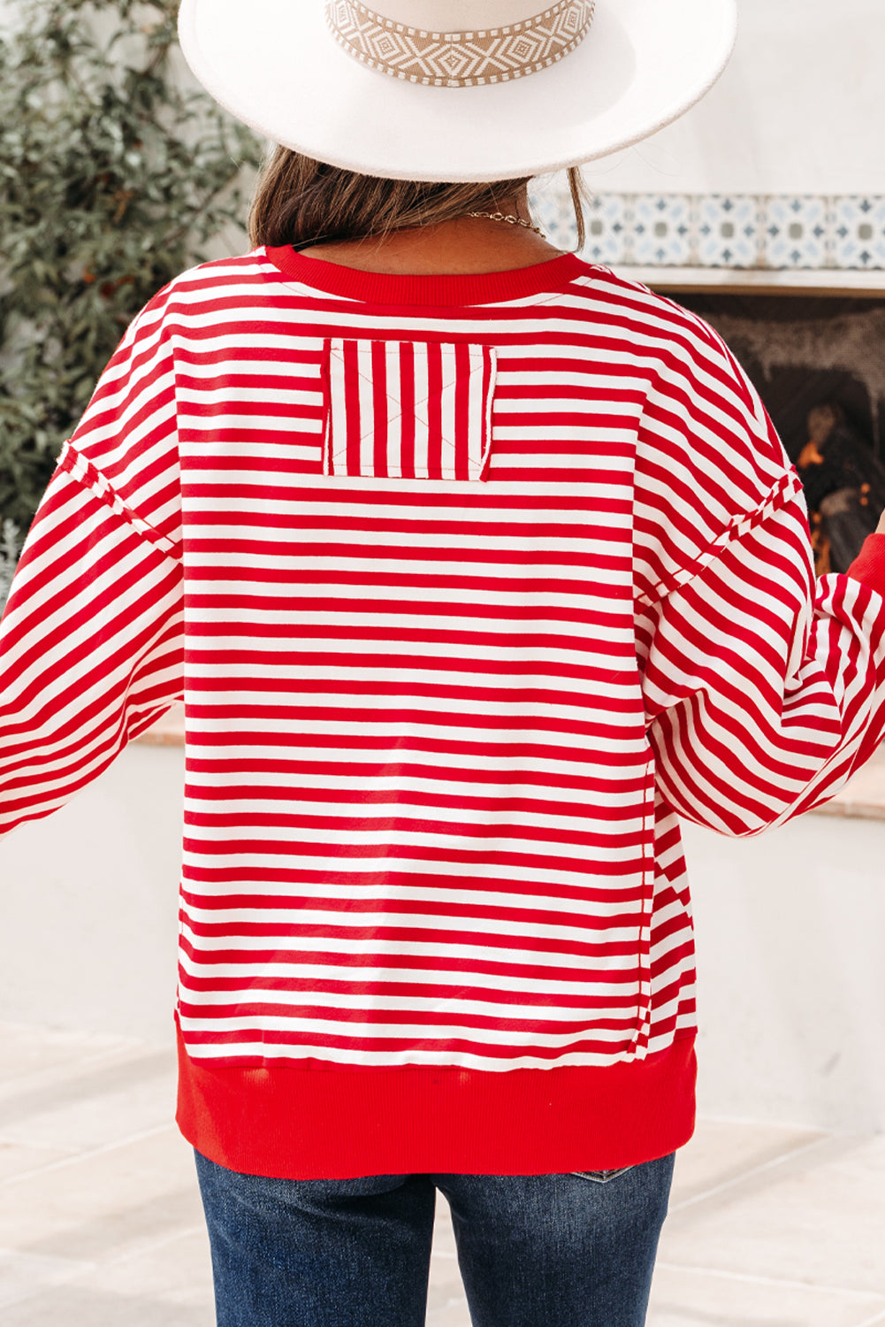 Red Stripe Oversized Pullover Exposed Seam Long Sleeve Top