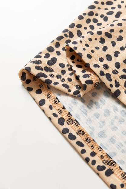 Apricot Cheetah Print Ruffle V Neck Short Sleeve Blouse
