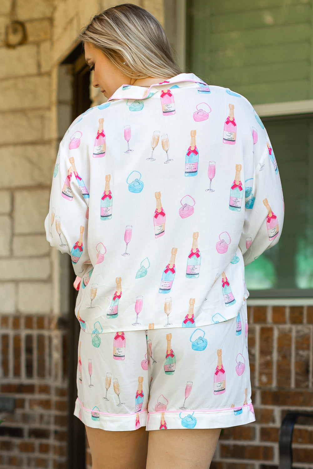 Valentine’s Day White Plus Size Wine Print Bow Pajama Set