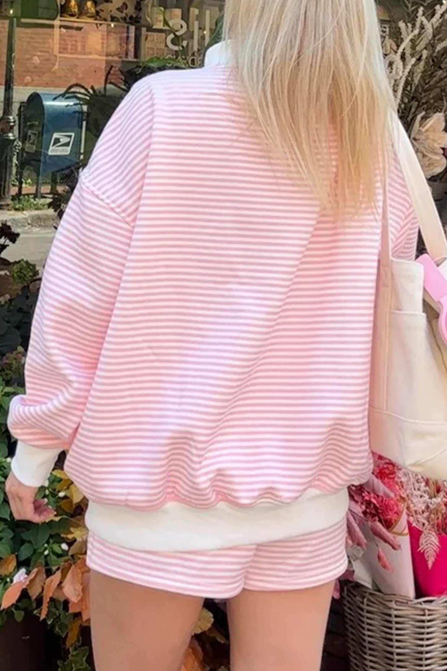 Pink Stripe Oversized Mock Neck Sweatshirt Shorts Set