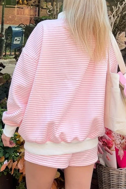 Pink Stripe Oversized Mock Neck Sweatshirt Shorts Set