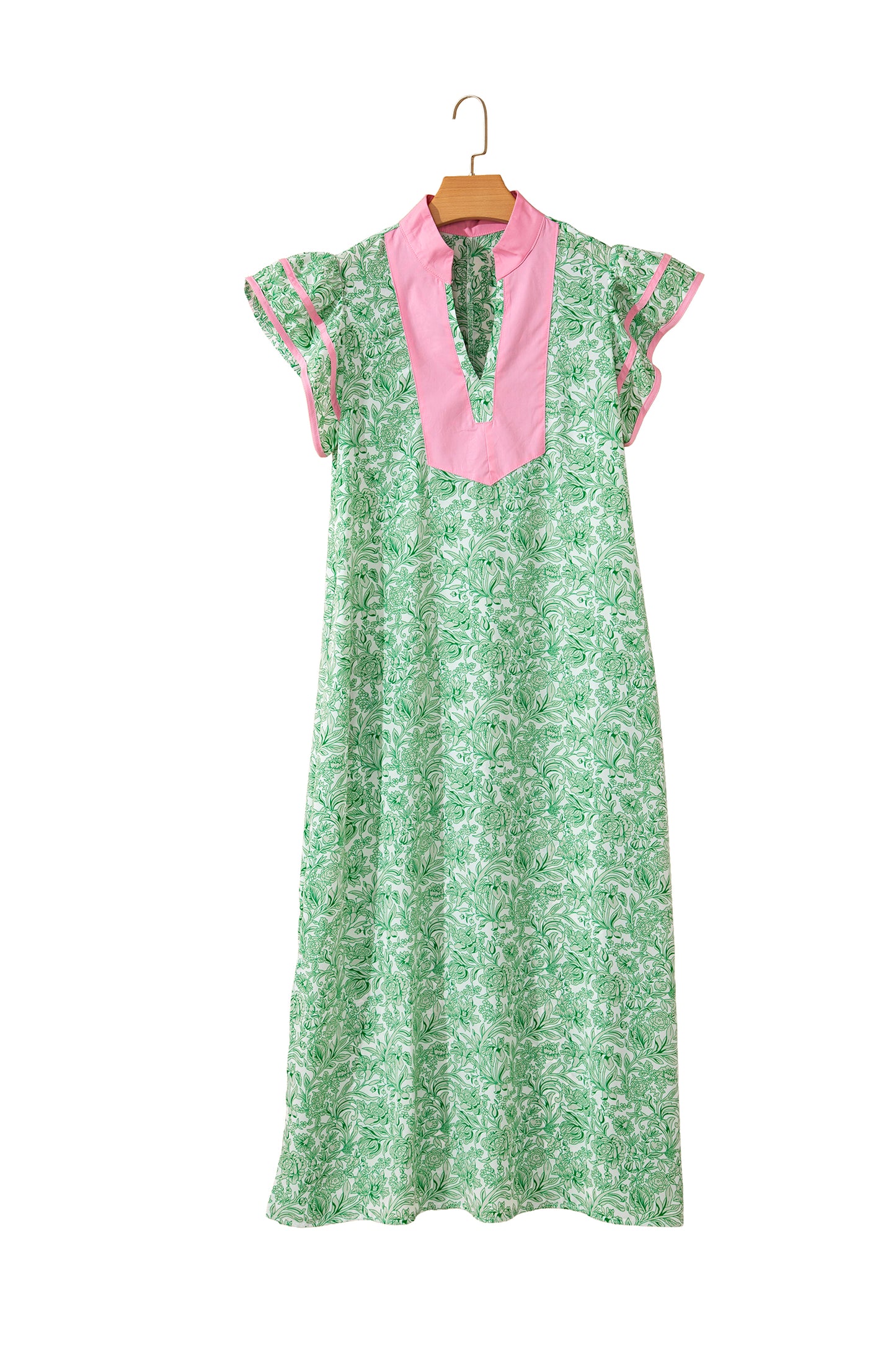 Floral Color Block V Neck Flutter Sleeve Midi Dress