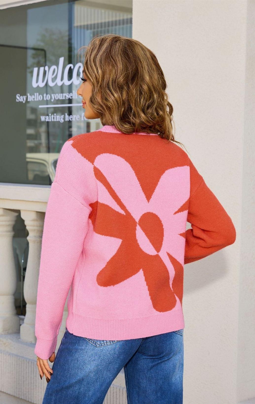 Colorblock Floral Knit Sweater – Pullover Top for Fall Women