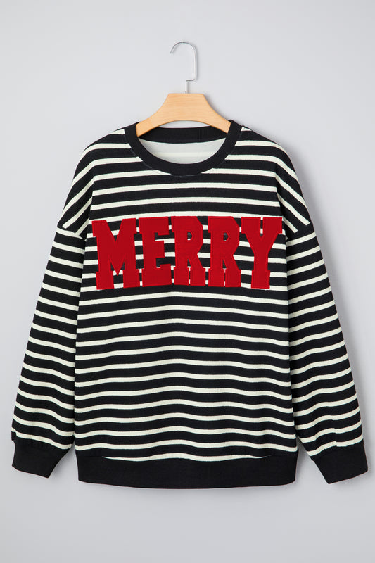 Black Striped MERRY Christmas Sweatshirt Drop Shoulder Pullover