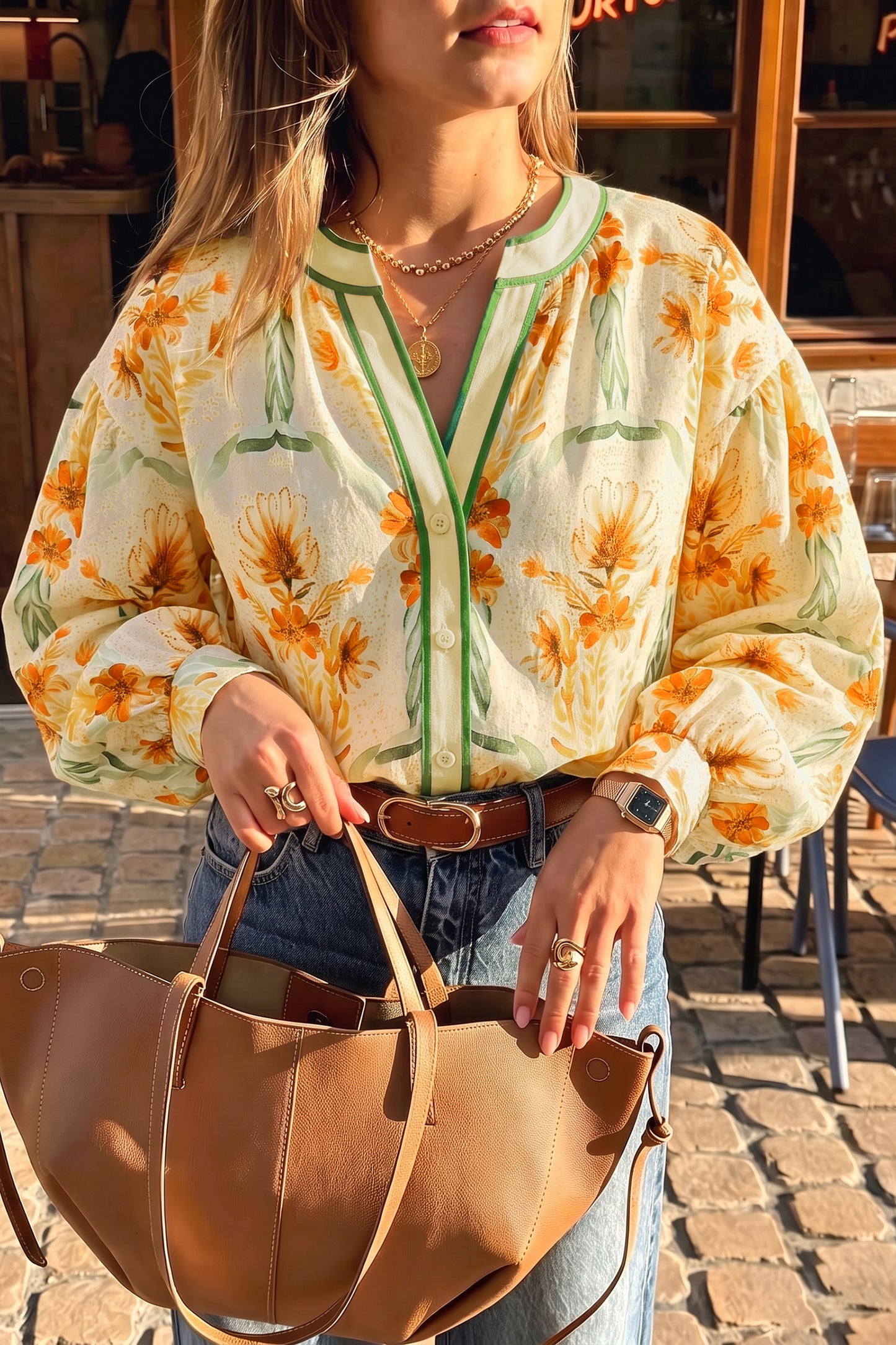 Women's Boho Floral Print Contrast Trim Button Blouse