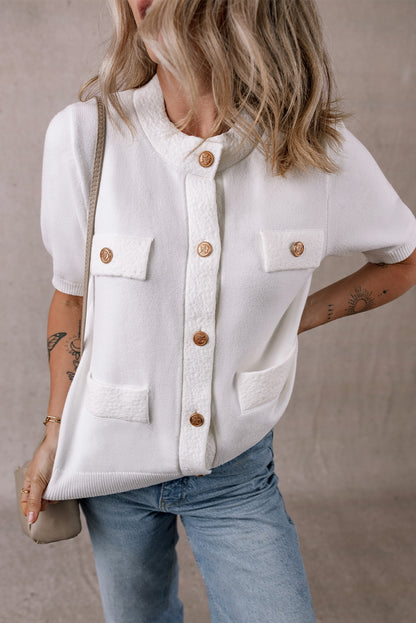 White Gold Buttons Textured Sweater T Shirt