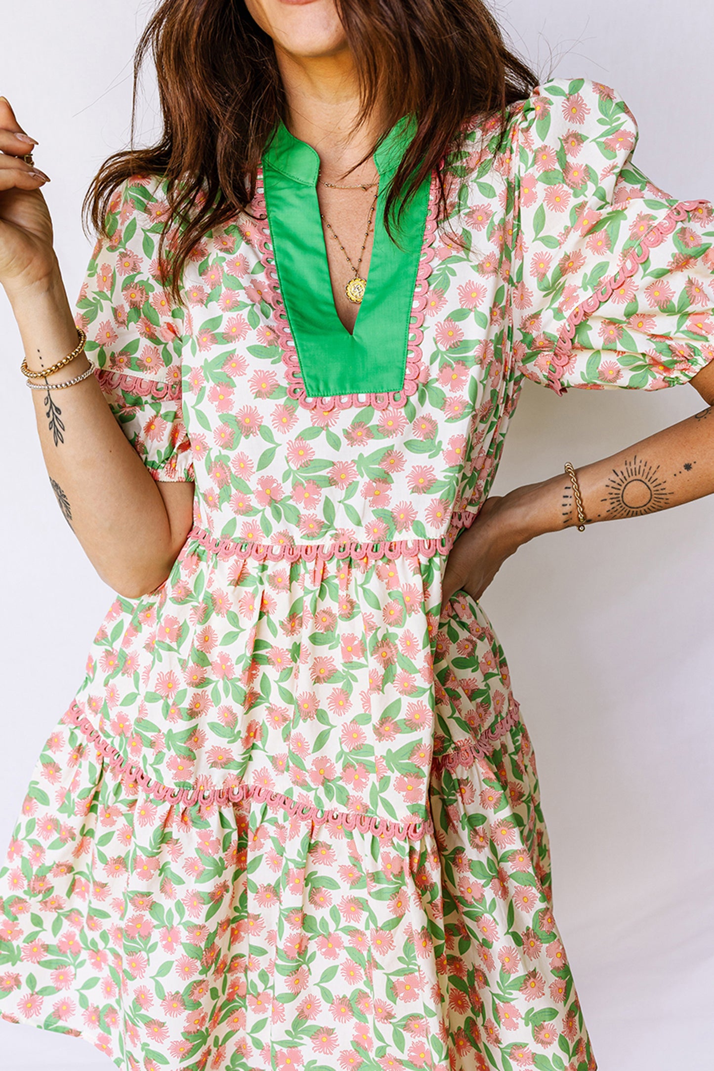 Easter Floral Ricrac Trim Puff Sleeve Dress